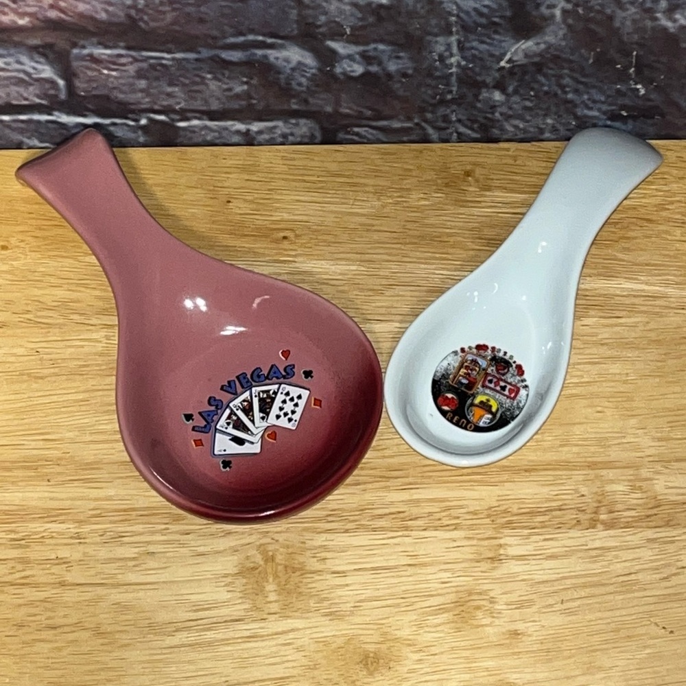 Vintage Ceramic Spoon Rest Holders Las Vegas & Reno Pink White EUC